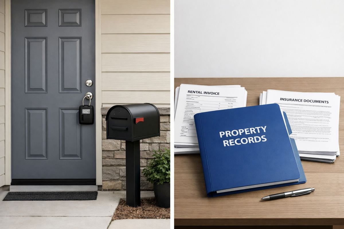 A leased single-family rental home with a locked front door, a separate mailbox, an exterior lockbox for maintenance access, and a neatly organized folder of property records on a table beside a stack of rental invoices and insurance papers