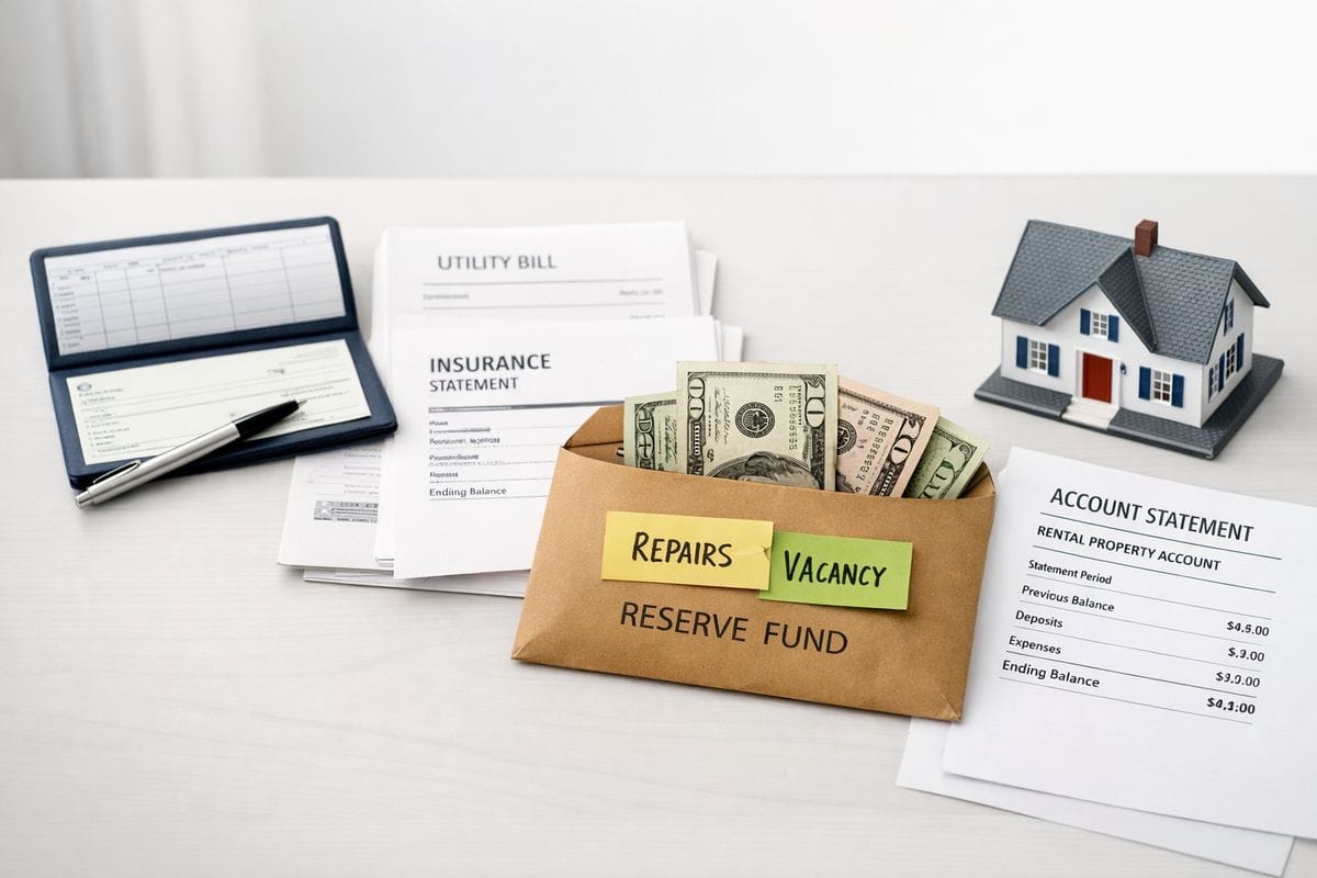 A rental property expense setup with a checkbook, stacked utility and insurance bills, an envelope of reserve cash, and a separate account statement next to a small model house, showing money being held aside for repairs and vacancy costs