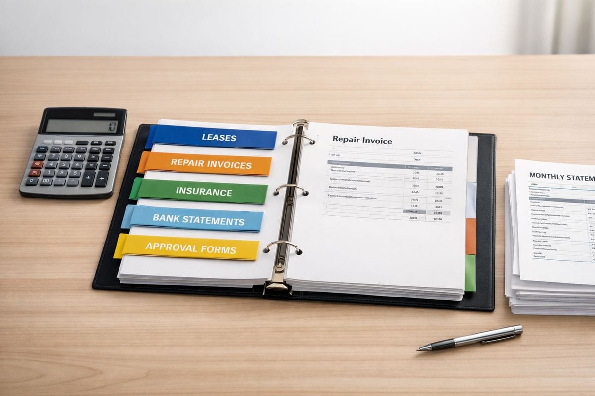 A large binder open on a desk with organized sections for leases, repair invoices, insurance documents, bank statements, and signed approval forms, with a calculator, file tabs, and a neatly arranged stack of monthly statements nearby