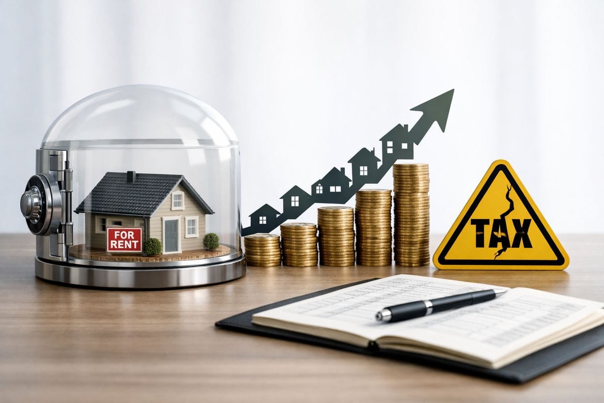 A rental house inside a transparent vault, with stacked coins, a rising upward arrow made of property silhouettes, and a cracked warning sign near a ledger, showing how tax treatment can boost returns or damage them if rules are broken.