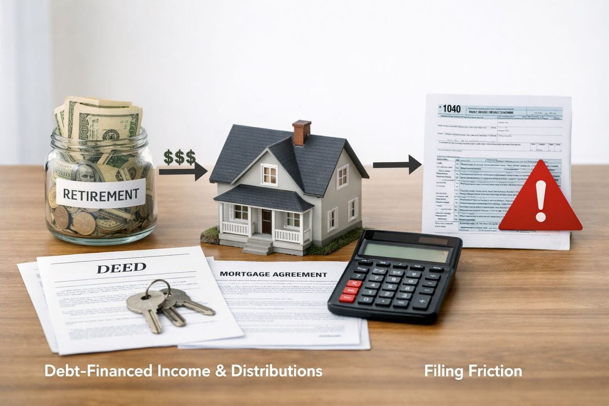 A deed, a set of house keys, a mortgage document, and a calculator beside a small rental property model, with one side showing cash flowing into a retirement account jar and the other side showing a tax form and a warning symbol, illustrating debt-financed income, distributions, and filing friction.