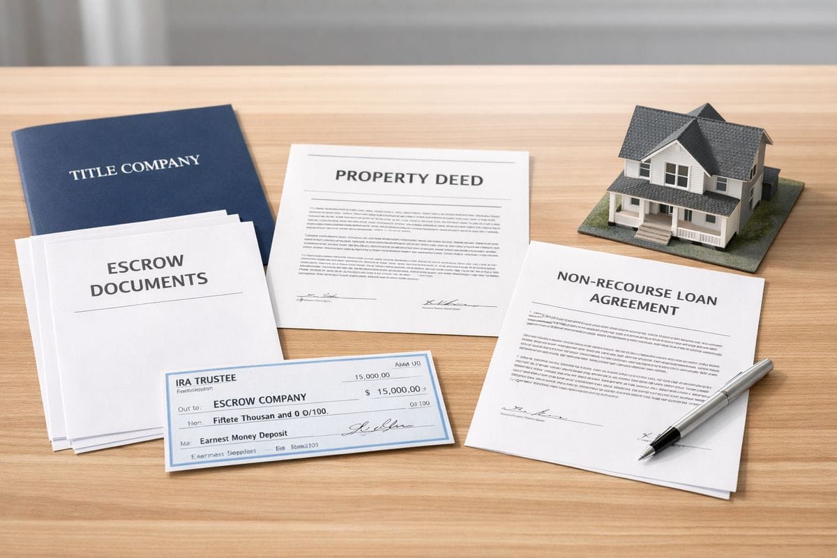 A closing table scene with a property deed, escrow paperwork, an earnest money check drawn from a retirement account, a title folder, and a non-recourse loan document beside a house model, showing the careful paperwork and funding flow needed for a compliant IRA property purchase.