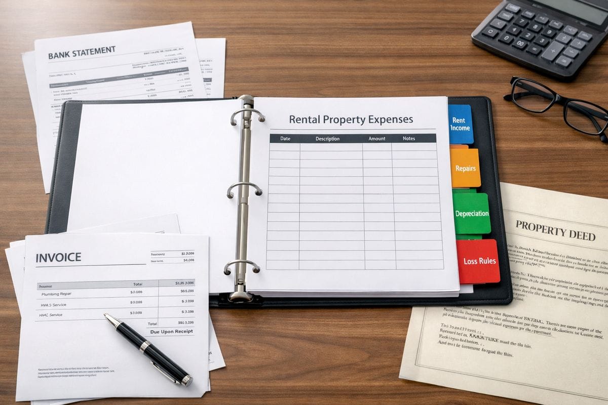 A rental property expense binder opened to tabs for rent income, repairs, depreciation, and loss rules, with bank statements, invoices, and a copy of a property deed spread across a desk