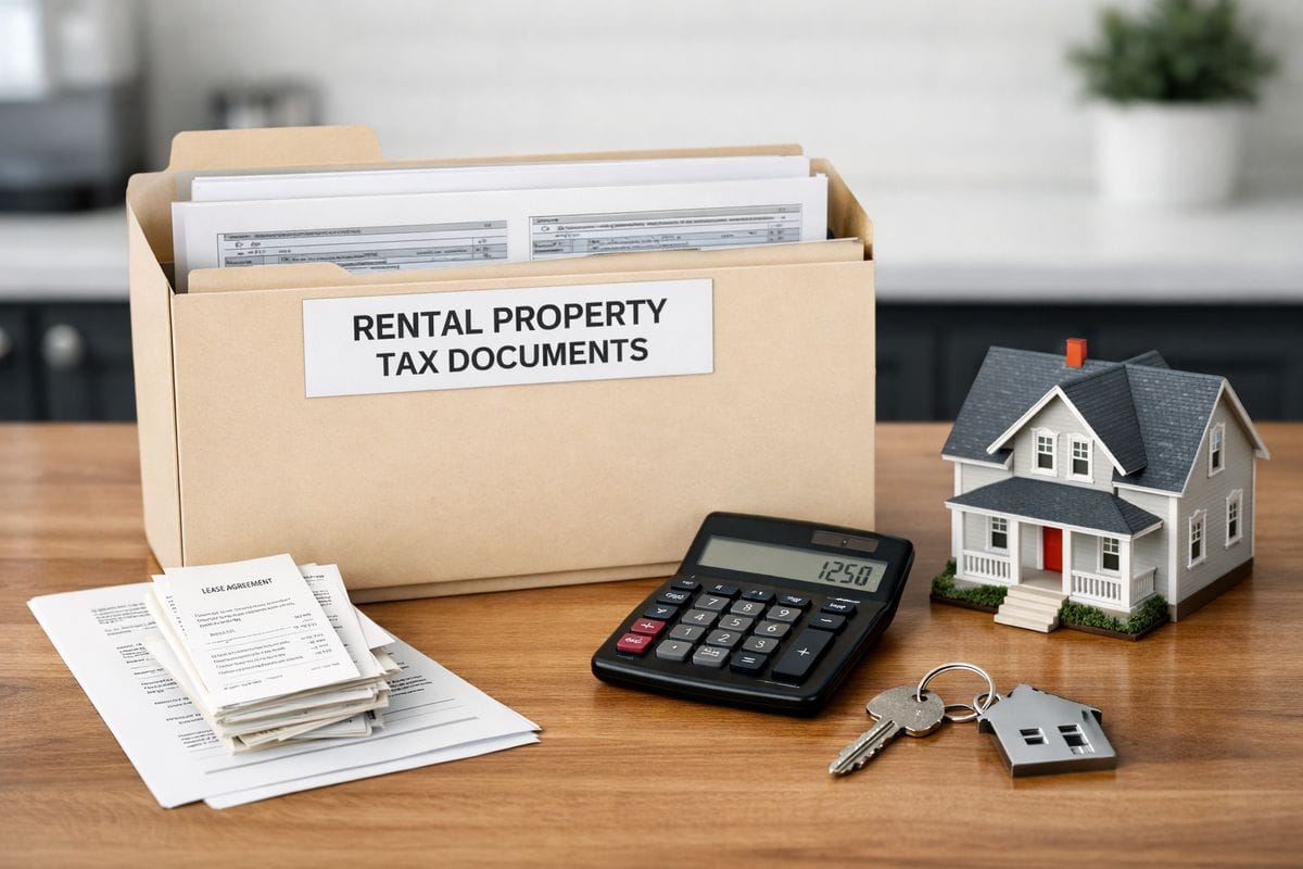 A neatly organized folder of rental property tax documents on a kitchen table, with a lease agreement, receipt stack, calculator, and a house key beside a small model of a single-family home