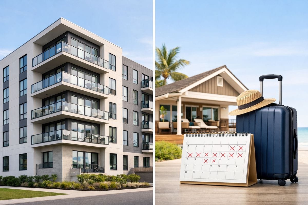 A split visual of a long-term apartment building on one side and a vacation house with a calendar and suitcase on the other, showing different rental-use scenarios for tax classification