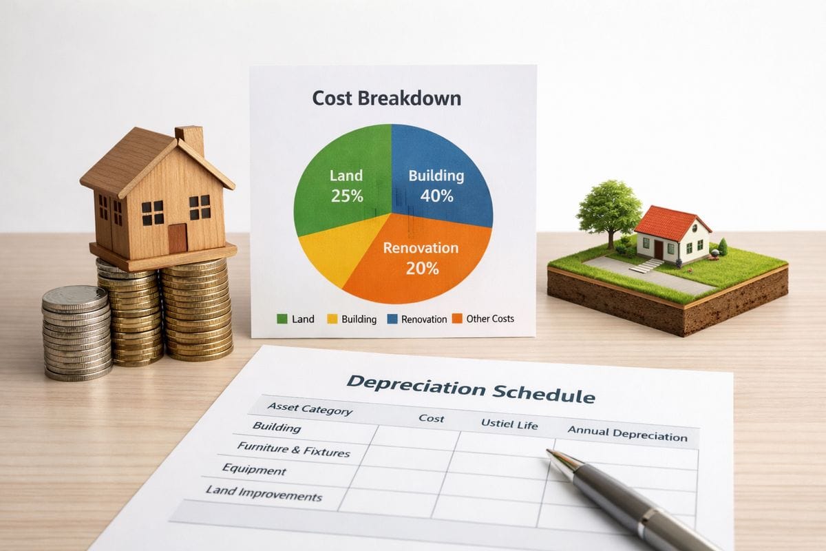 A wooden house model on top of stacked coins, next to a segmented cost breakdown chart, a land parcel illustration, and a depreciation schedule worksheet with asset categories