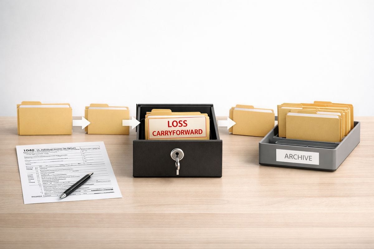 A paper tax form beside a long arrowed flow of file folders moving into a labeled storage tray, with one folder paused in a locked drawer to show a loss being carried forward