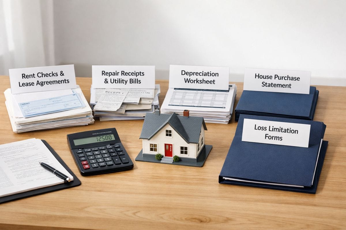 A neatly organized rental property tax workspace with four labeled piles of documents: rent checks and lease agreements, repair receipts and utility bills, a depreciation worksheet beside a house purchase statement, and a folder of loss limitation forms, all arranged around a calculator and a model house