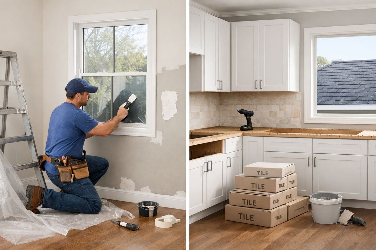 A split renovation scene inside a house, with one side showing a handyman repairing a broken window and patching drywall, and the other side showing a kitchen renovation in progress with new cabinets, a removed old countertop, stacked tile boxes, and a replaced roof section outside