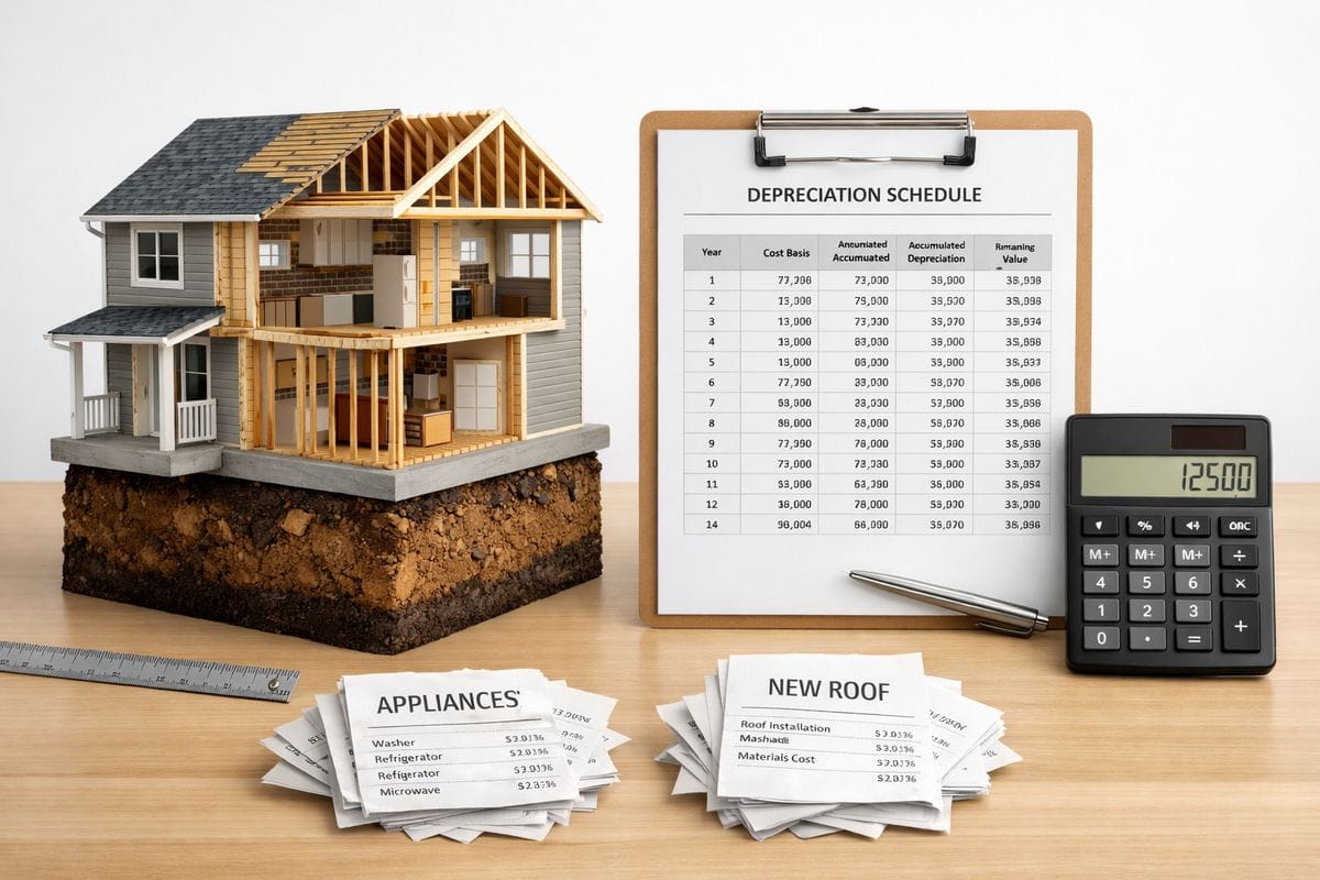 A residential rental house with a transparent cutaway view that reveals the building structure separate from the land beneath it, alongside a depreciation schedule worksheet, a ruler, a calculator, and separate piles of receipts for appliances and a new roof