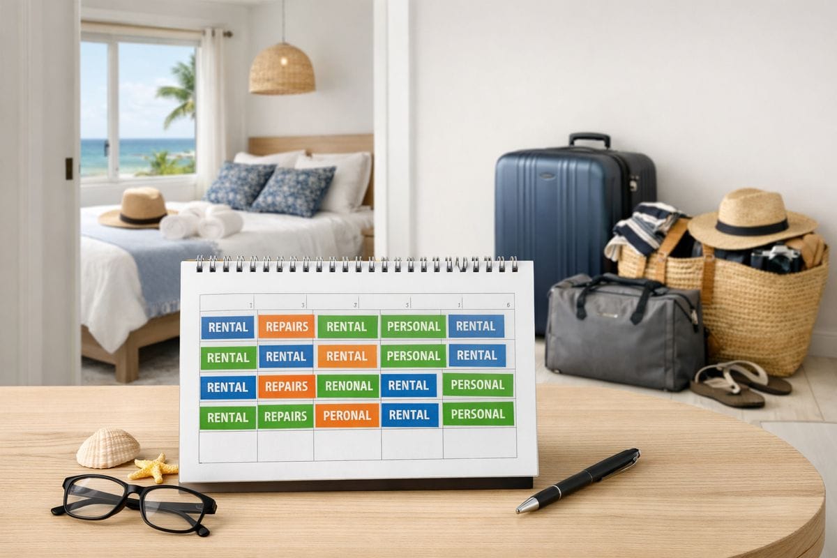 A vacation home scene showing a calendar on a table marked with alternating rental bookings, repair days, and personal stays, plus a beach house with one room set up for guests and another area containing family luggage and personal items