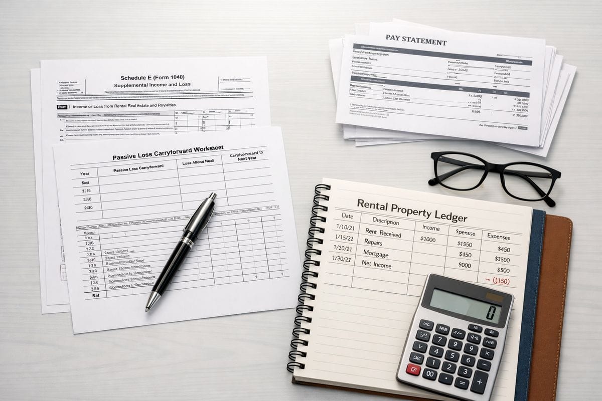 A tax filing setup with a Schedule E form, a passive loss carryforward worksheet, and a separate pile of salary pay stubs placed beside a rental property ledger, showing the separation between rental losses and wage income