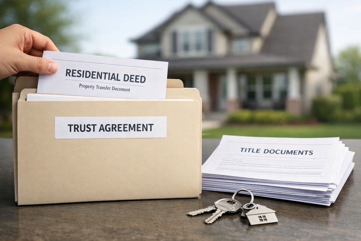 A close-up scene of a residential property deed being placed into a folder labeled with a trust agreement, with a house in the background and a separate stack of title documents beside a set of keys, showing ownership being shifted into a trustee-held structure.