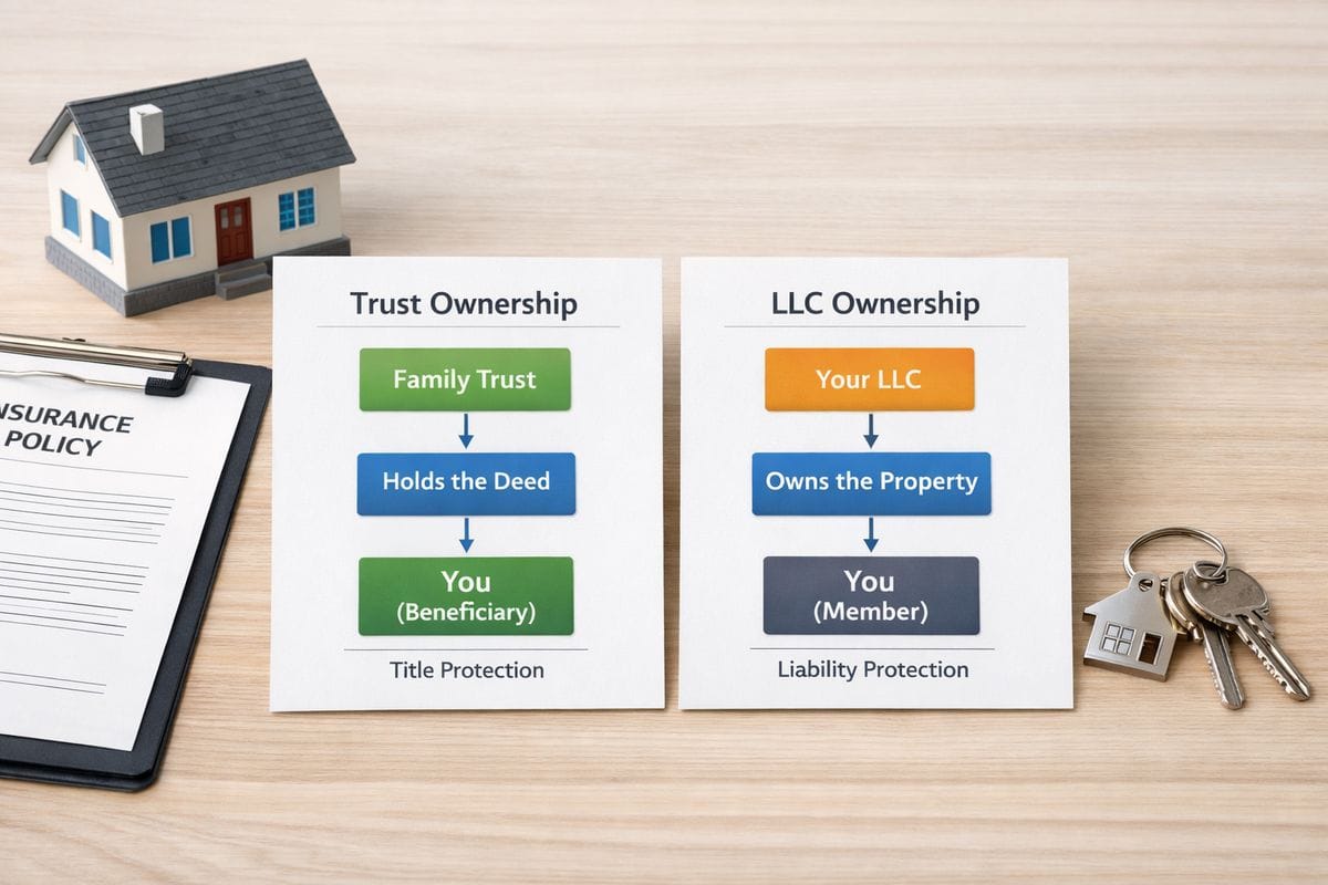 Two side-by-side ownership diagrams shown on paper next to a small model rental house: one path with a trust holding the deed and another with an LLC holding the property interest, along with a clipboard, insurance policy papers, and a ring of house keys to illustrate the difference between title holding and liability protection.