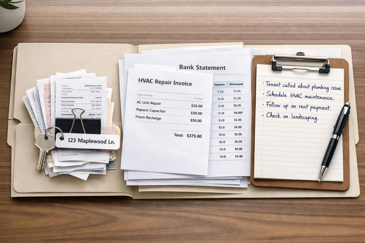 A rental property folder on a desk opened to stacked paper receipts, an invoice for HVAC work, a bank statement, and a clipboard with handwritten notes, with a house key and a property address label clipped to the stack.