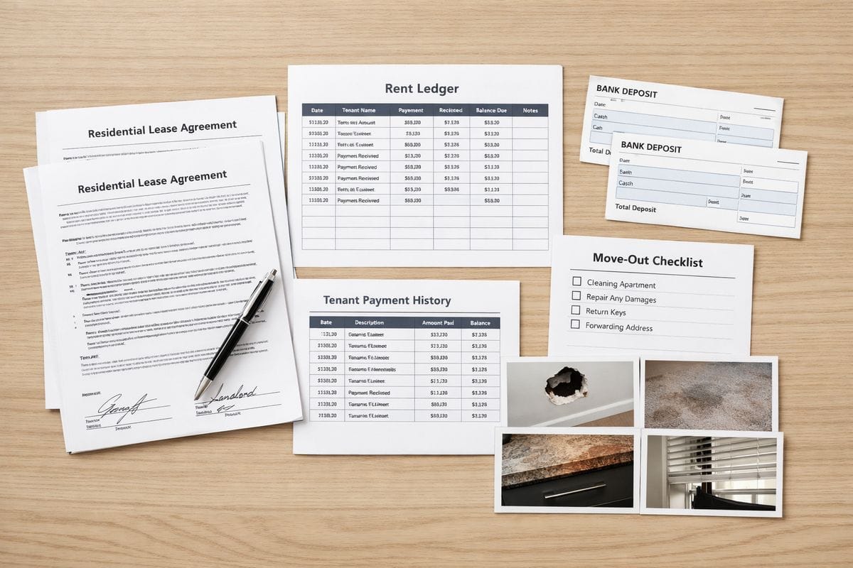 A tidy set of rental income records laid out on a table: signed lease agreements, a rent ledger sheet, bank deposit slips, a tenant payment history printout, and a move-out checklist beside photos of apartment damage.