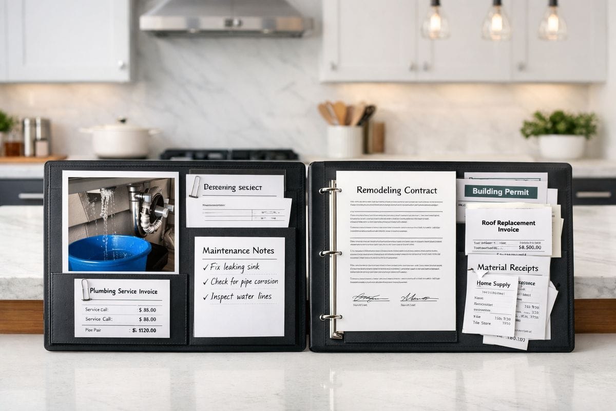 Two side-by-side project binders next to a renovated kitchen scene: one folder contains a leaking sink photo, a small plumbing invoice, and maintenance notes, while the other contains a signed remodeling contract, permit papers, a roof replacement invoice, and material receipts.