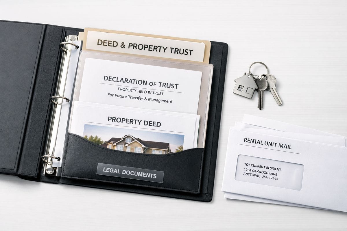 A deed and property folder placed inside a labeled legal document binder next to a set of house keys and rental unit mail, showing a property being held in a trust for future transfer and management