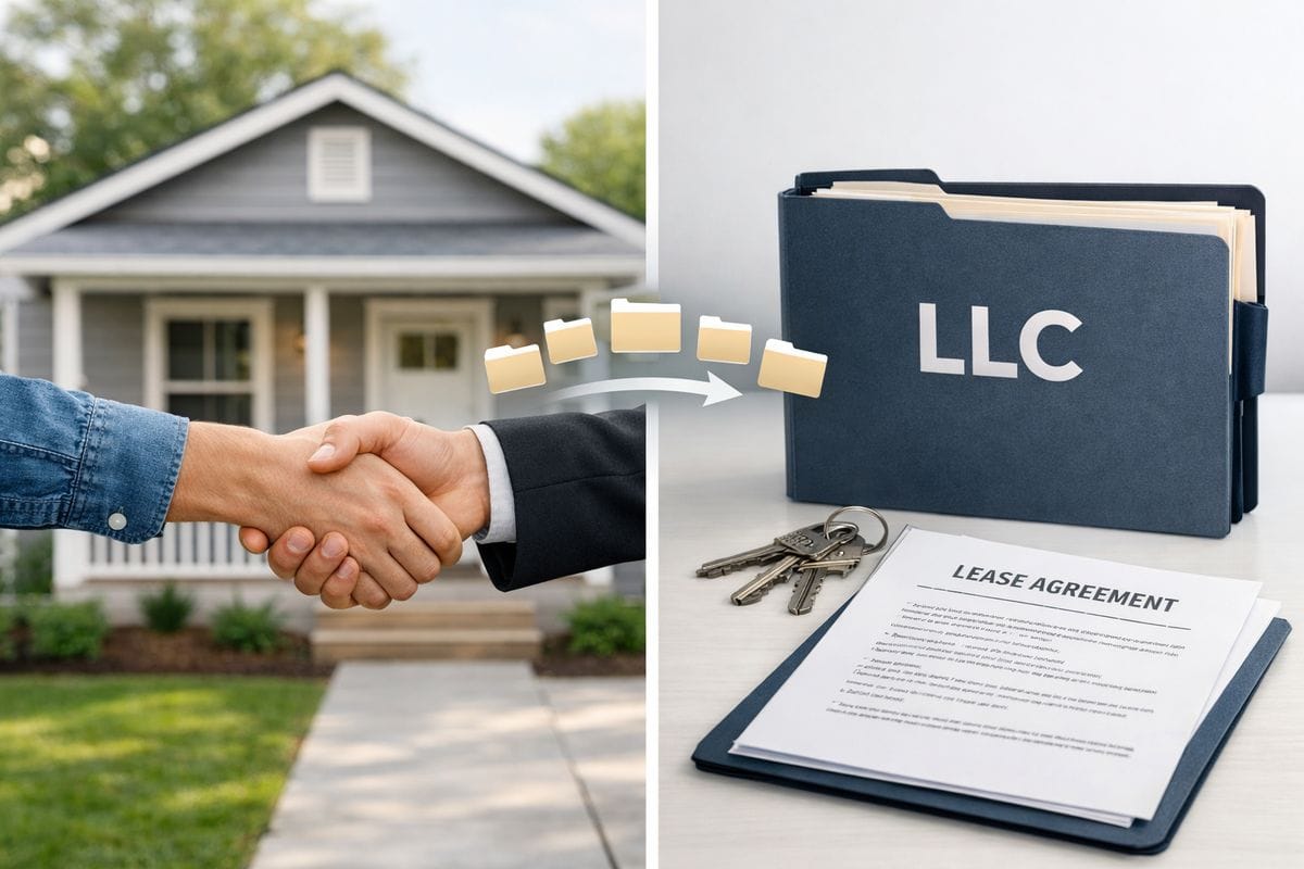 A split visual of a small rental house on one side and a separate LLC company folder with keys and a lease packet on the other, connected by a file transfer handoff, showing the trust and LLC serving different roles