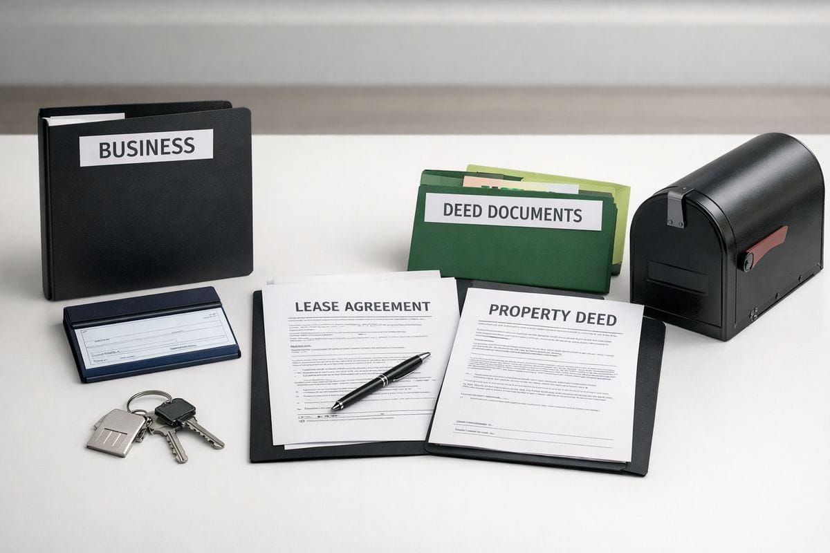 A rental house with a separate business folder, a checkbook, lease papers, and a deed packet laid out beside keys and a mailbox, showing the property being managed as a distinct business asset with organized records and ownership separation