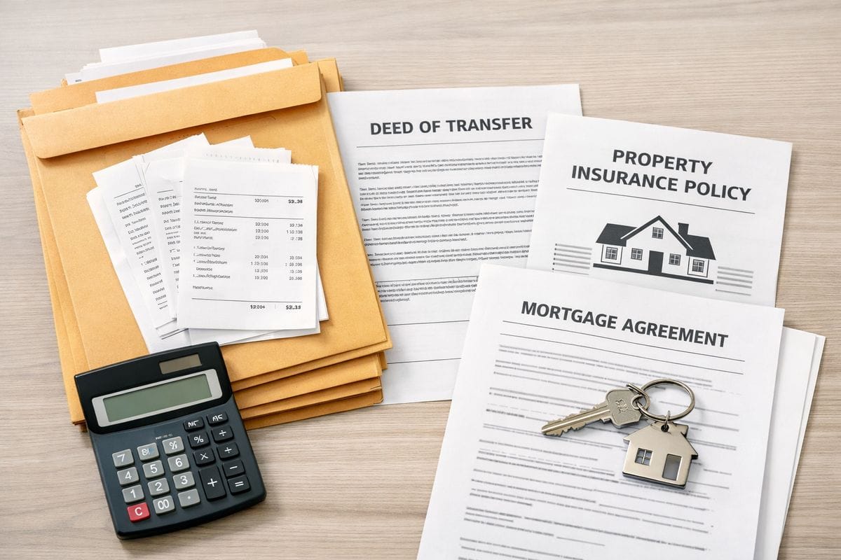A stack of filing envelopes, accounting receipts, a deed transfer document, a property insurance policy sheet, and a calculator beside a house key and mortgage paperwork, illustrating the recurring costs and administrative friction of moving rental property into an LLC