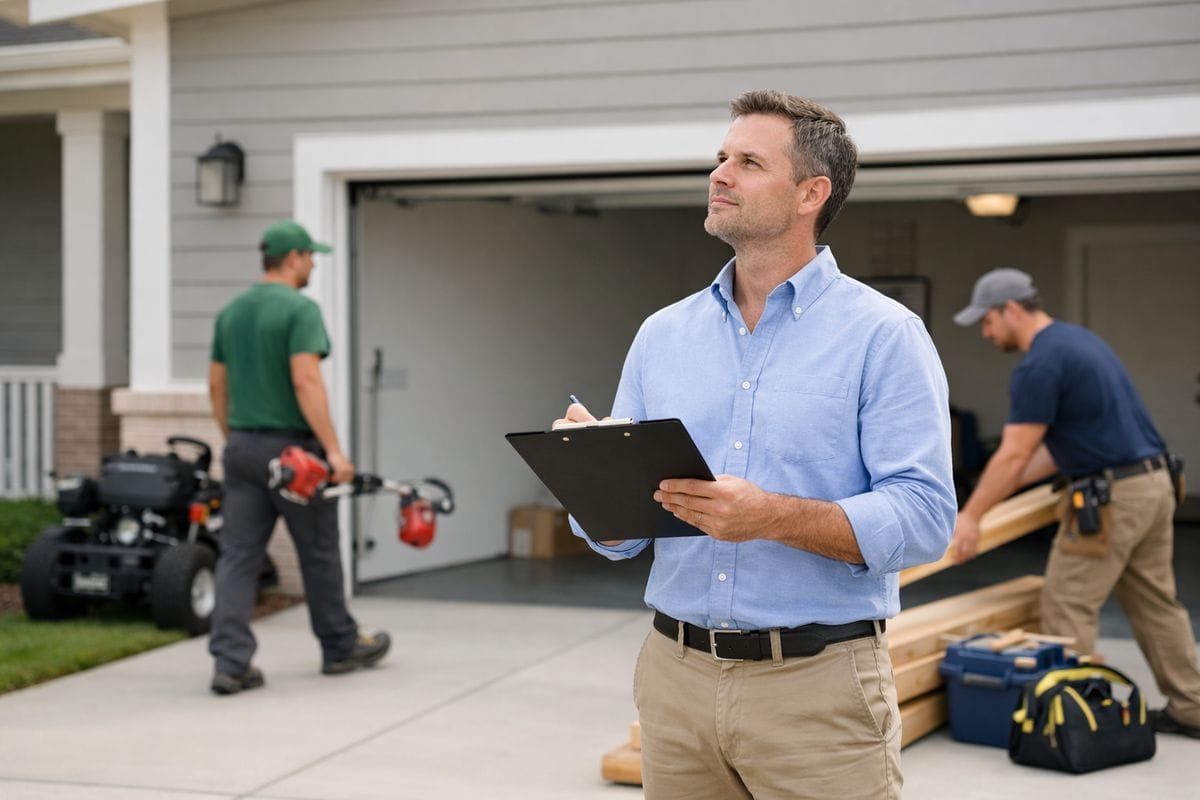 A homeowner standing in the driveway of a rental house with a clipboard, inspecting the exterior while a lawn care worker and a handyman move materials near the garage, showing hands-on involvement in property operations
