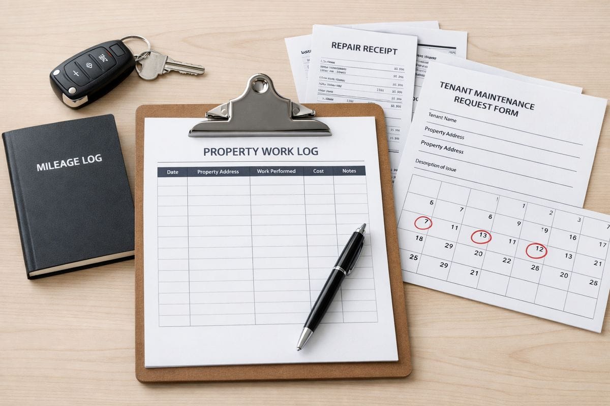 A close-up scene of a property work log on a desk beside a car key, a mileage notebook, repair receipts, a tenant maintenance request form, and a printed calendar marked with property visit dates