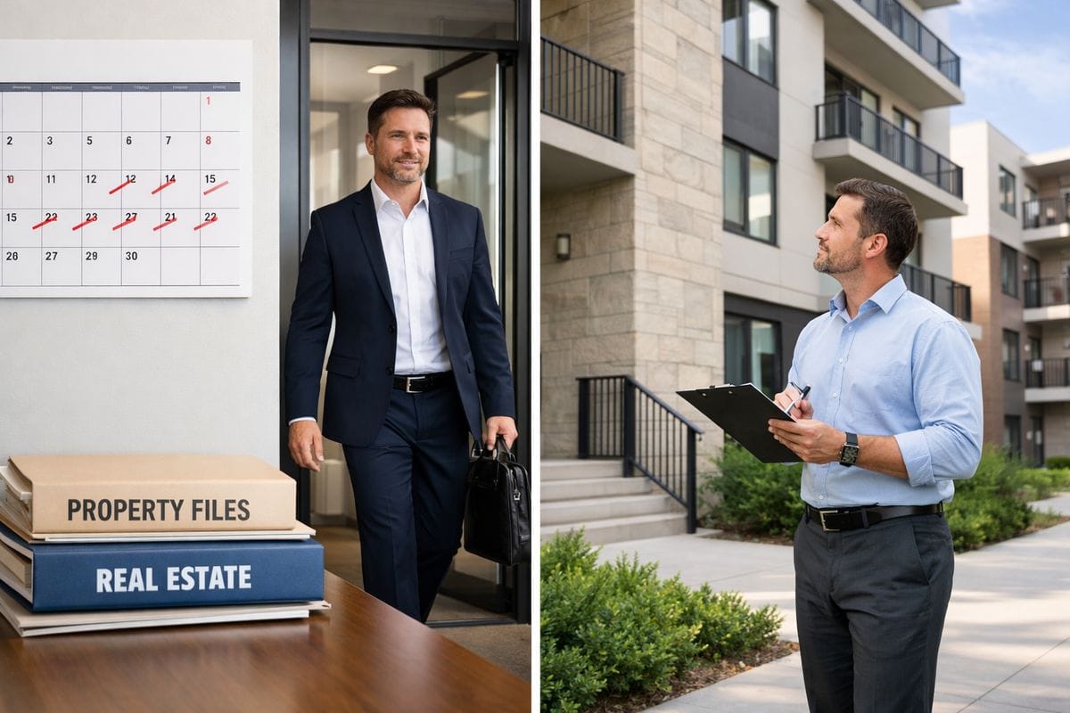 A split scene of a person leaving an office building in business attire on one side and inspecting a multifamily rental property on the other, with a wall calendar and stacked property folders suggesting competing work time and real estate service hours