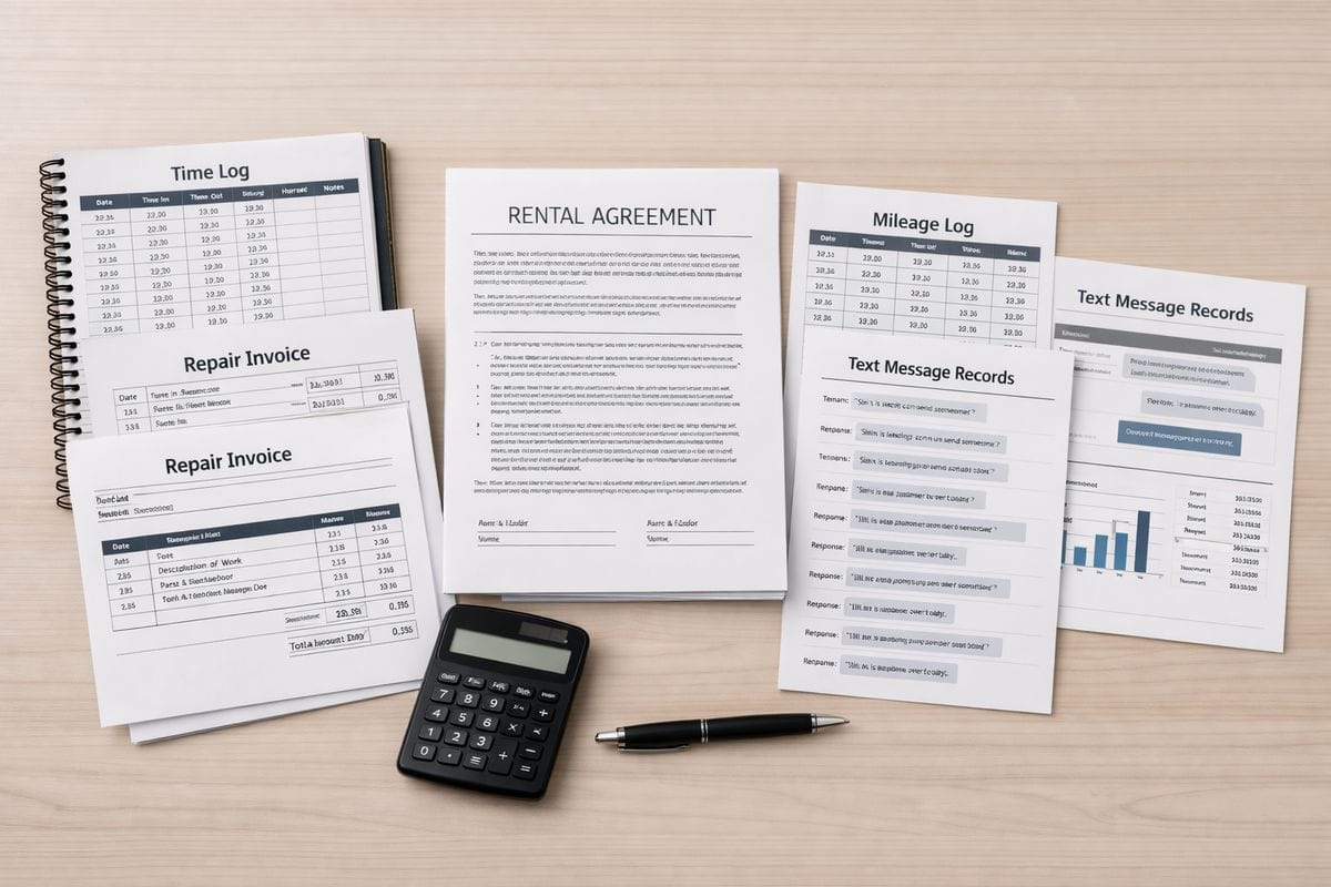 A desk covered with organized rental records: a bound time log, repair invoices, lease paperwork, mileage sheets, text-message printouts, and a property management software report sheet arranged next to a pen and calculator