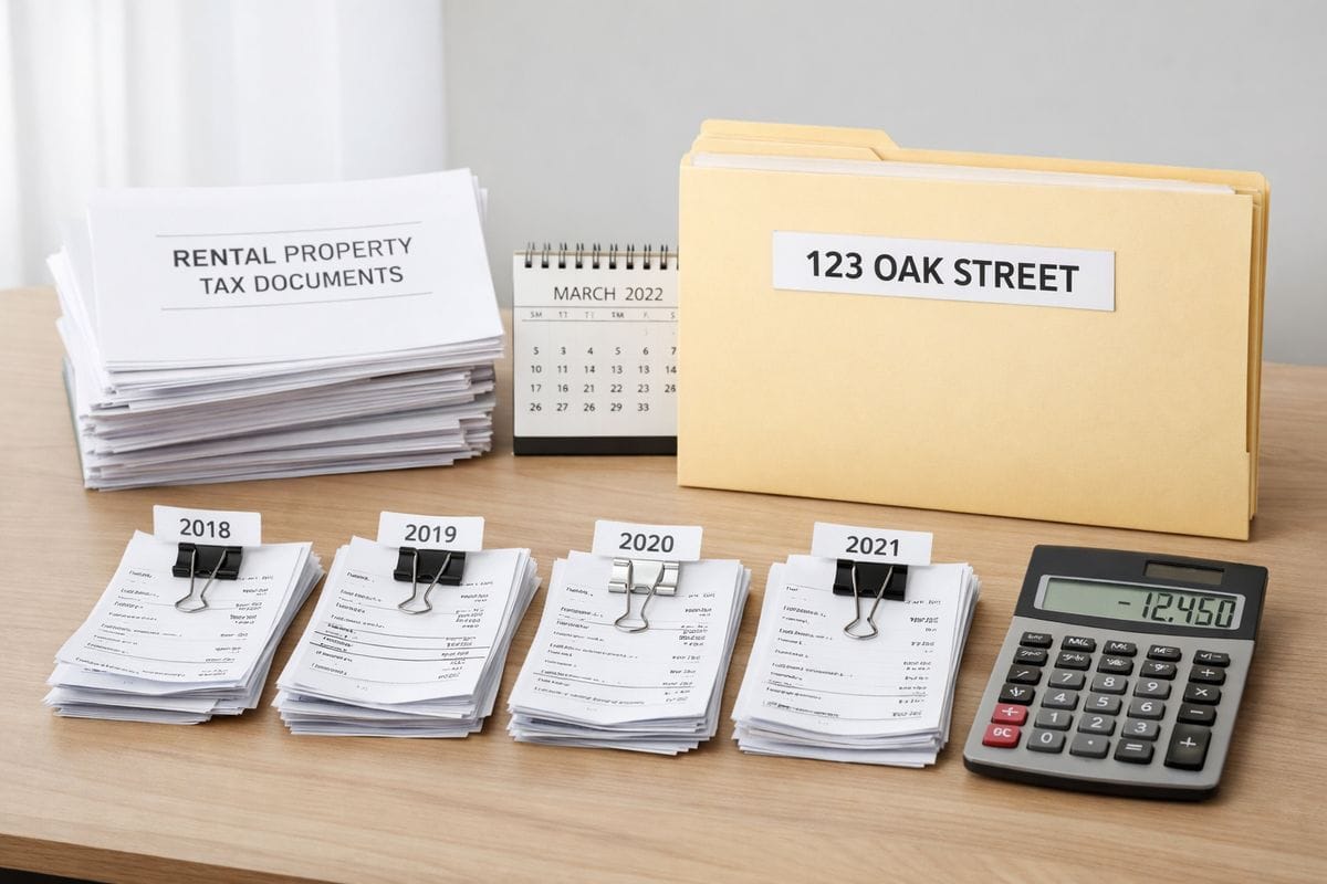 A stack of rental property tax documents beside a small desk calendar, with a manila folder labeled by property, a calculator, and several years of neatly clipped expense receipts spread across a table to show losses being tracked and reviewed