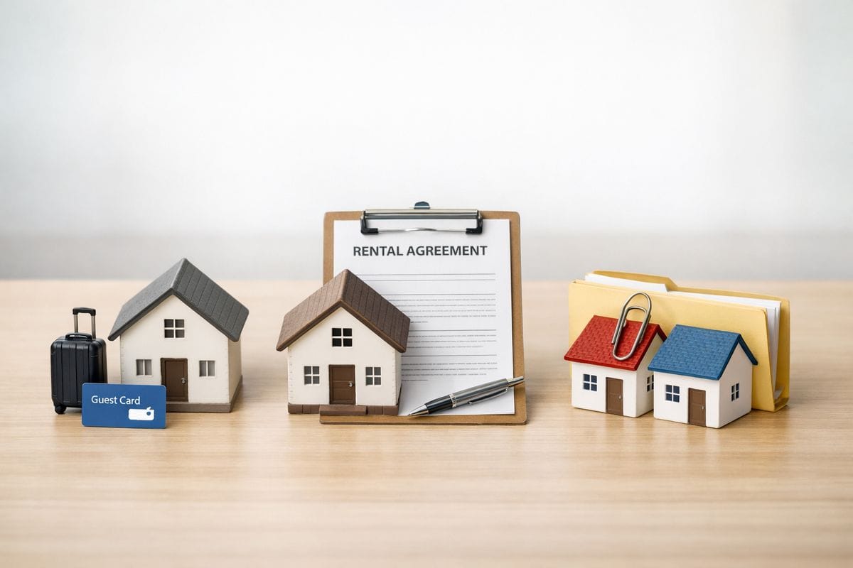 A row of three house miniatures on a tabletop, one with a suitcase and guest key card to represent a short stay, one with a long-term lease contract beside it, and one grouped together with another house by a paper clip and shared folder to show different rental classifications