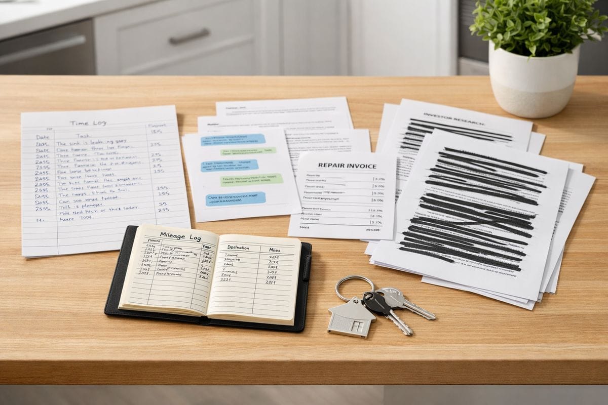 A kitchen table covered with a handwritten time log, tenant text message printouts, repair invoices, a mileage notebook, and crossed-out pages of investor research printouts beside a rental key ring to contrast qualifying operational work with excluded ownership activities
