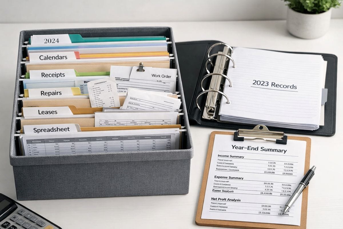 An organized open file box with dated folders, clipped calendars, receipts, repair work orders, lease copies, and a spreadsheet printout stacked in labeled sections, next to a binder ring holding prior-year records and a year-end summary sheet ready for an audit review