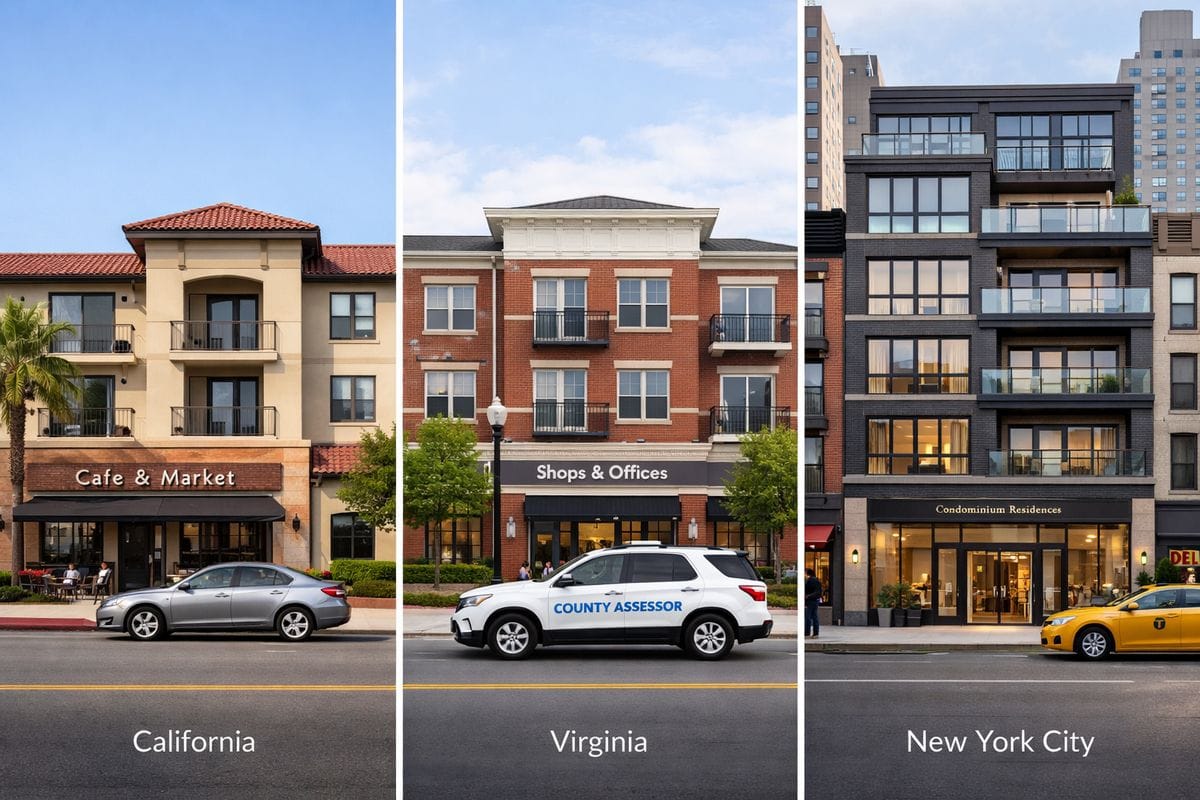 A split-view city block with two nearly identical mixed-use buildings side by side, one in a California-style neighborhood with a stable older assessment appearance and one in a Virginia-style suburb with a county assessor driving past a commercial storefront and apartments above, plus a third building in a dense New York streetscape with a condo-style mixed-use entrance and stacked units above retail