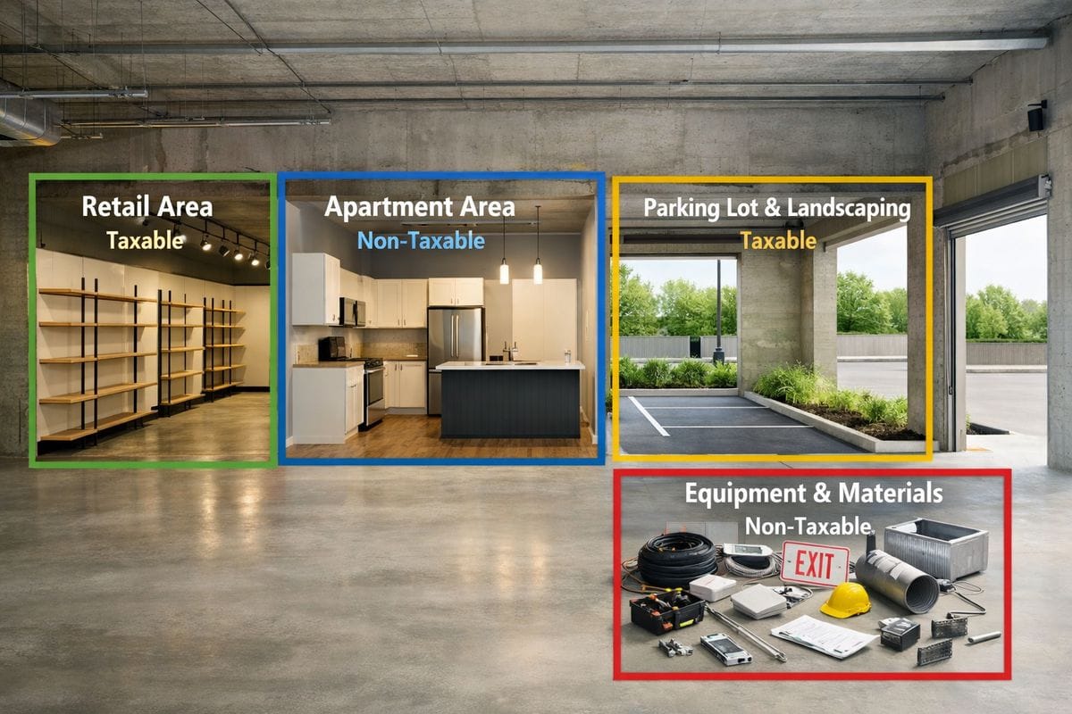 An open building shell with distinct zones being measured and marked for different tax treatment: a retail storefront area with shelving and lighting fixtures, an apartment interior with kitchen cabinets and flooring, a parking lot and landscaped strip outside, and scattered construction components like wiring, signage, and HVAC parts laid out separately for inspection