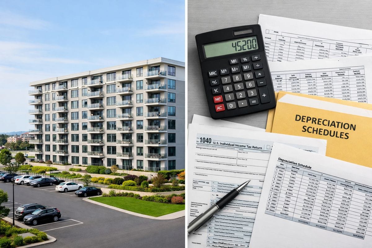 A large apartment building with rows of balconies, a parking lot, and landscaped grounds next to a stack of tax documents, a calculator, and a folder of depreciation schedules spread across a desk
