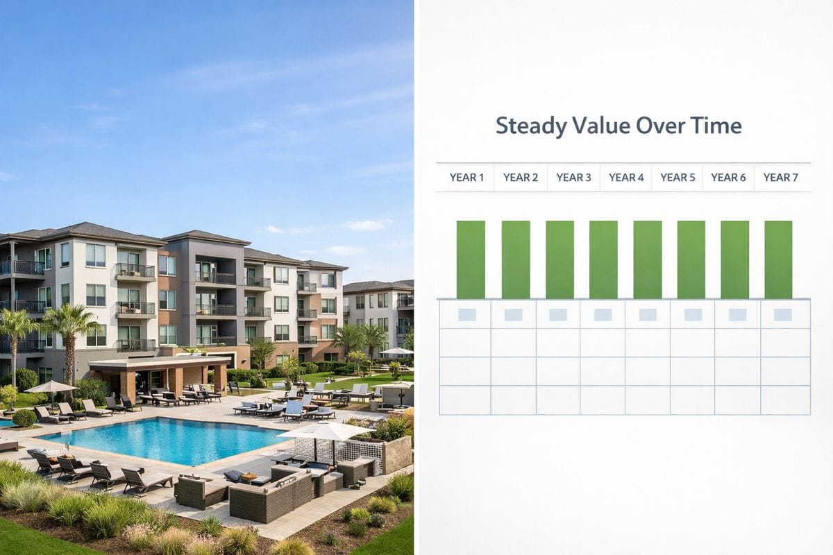 A multifamily apartment complex under a bright sky, with the building and its shared amenities shown alongside a simple chart-style illustration of value being spread evenly across many years on a calendar