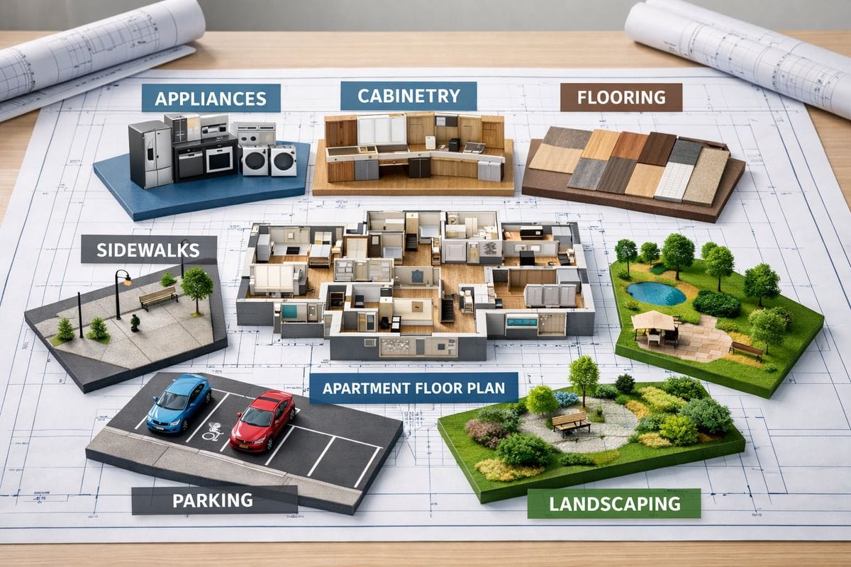 A cutaway view of an apartment building floor plan with highlighted interior components like appliances, cabinetry, flooring, sidewalks, parking areas, and landscaping separated into different groups on a blueprint table