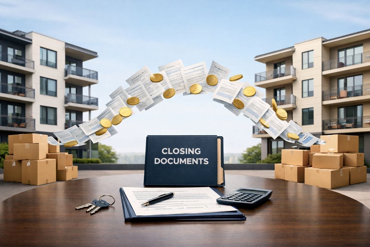 Two apartment properties shown side by side with moving boxes, a closing table, and a real estate closing packet, while a stream of documents and coins visually flows from one property to the other to suggest an asset exchange