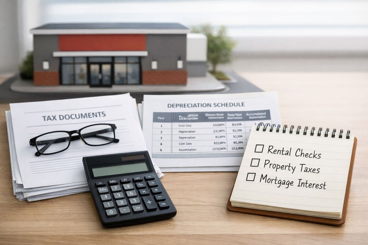 A commercial property cash flow illustration with a single-tenant storefront building, a stack of tax documents, a depreciation schedule worksheet, and a calculator beside a notepad showing rental checks, property tax payments, and mortgage interest as separate line items