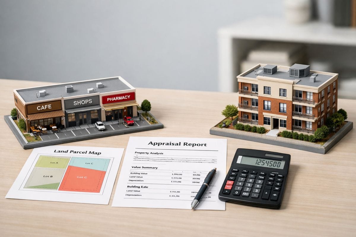 Two side-by-side miniature building models on a desk, one a retail strip center and the other a small apartment building, with a land parcel map, an appraisal report, and a calculator placed between them to compare building value, land allocation, and different depreciation timelines