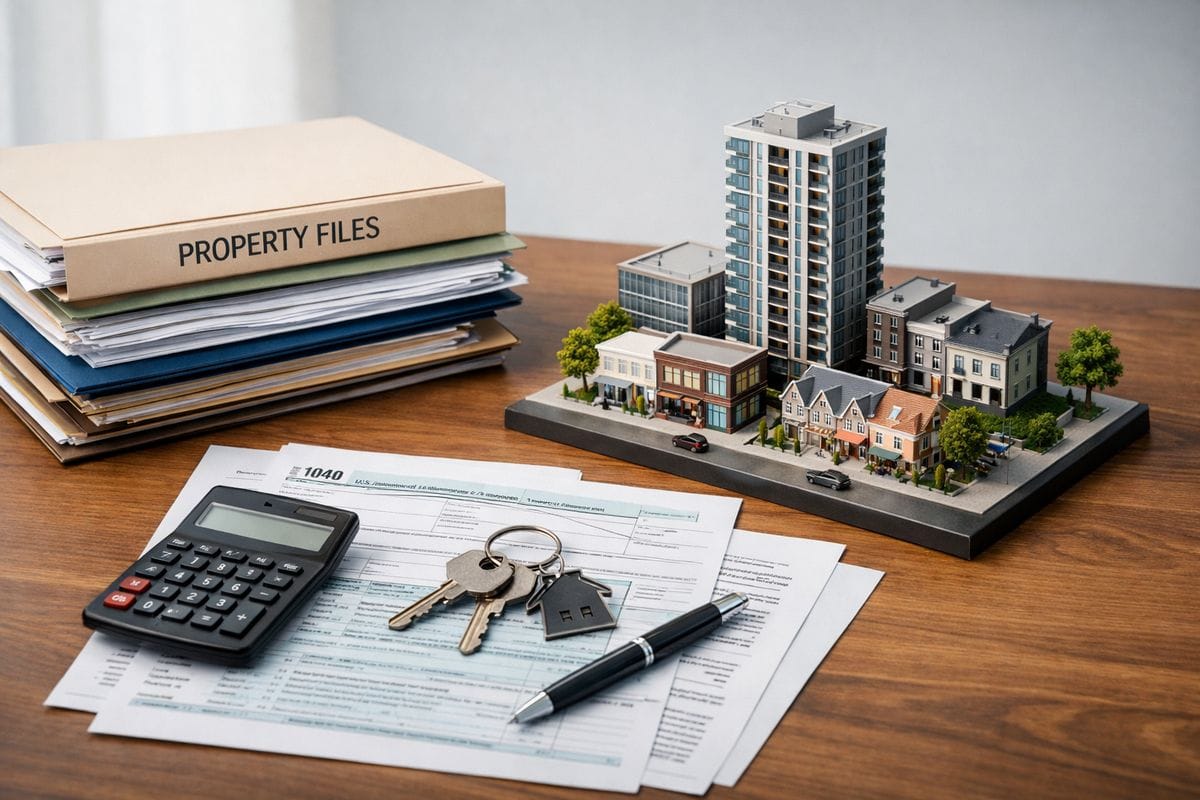 A stack of residential and mixed-use property files beside a miniature city block model, with tax forms, a calculator, and a set of keys arranged on a wooden desk, suggesting a real estate investor reviewing how the new law changes acquisition and hold strategy.