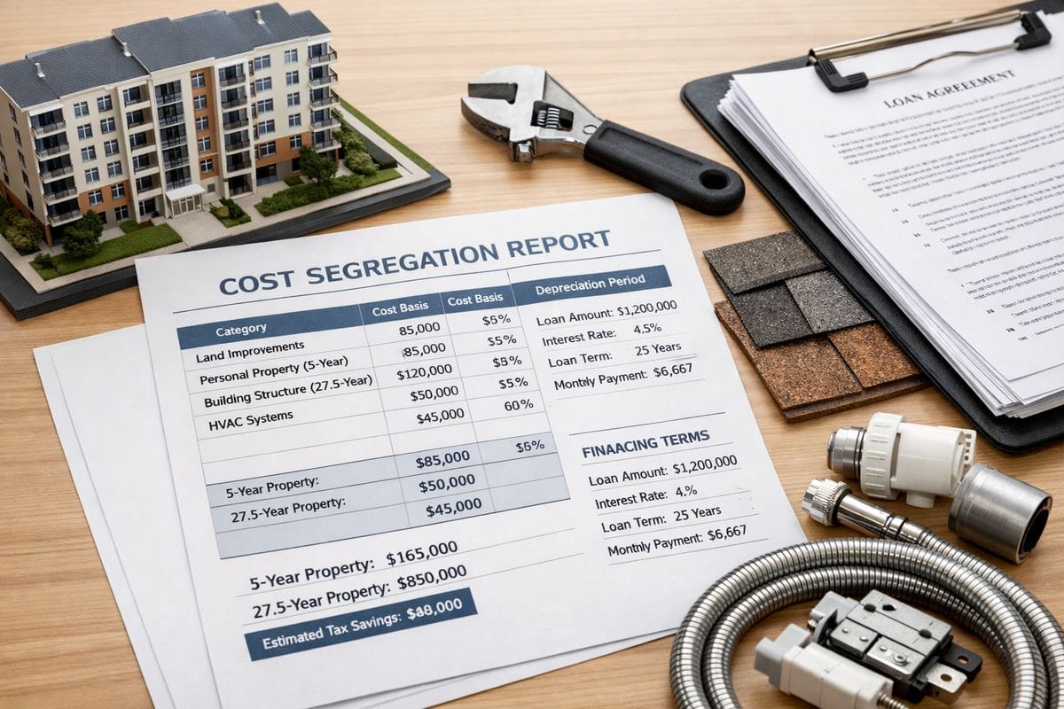 A close-up of a cost segregation report spread across a table next to a model apartment building, an adjustable wrench, a roof shingle sample, appliance parts, and a clipboard with stacked loan papers, showing the breakdown of a property into depreciable components and leveraged financing terms.