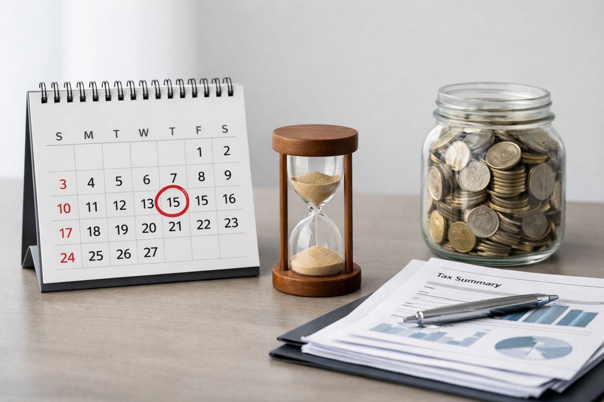 A desk calendar with one date circled in red, a small hourglass, and a stack of financial documents beside a coin-filled jar, showing a deadline-driven investment decision and the idea of time running out before a tax move can be made.