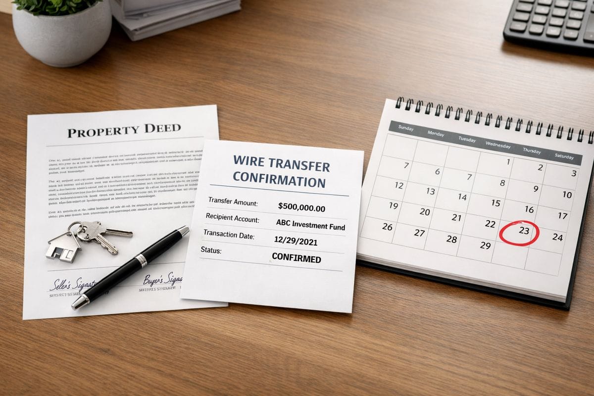 A real estate closing table with a signed property deed, a wire transfer confirmation slip, and a calendar opened to a specific date, illustrating a property sale, the funding deadline for a fund investment, and the timing pressure of a tax election.