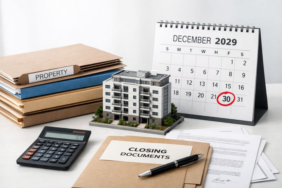 A set of stacked property folders, a small model apartment building, and a calendar page marked near the end of a decade, arranged beside a calculator and closing documents to show a long-term real estate investment reaching its exit point