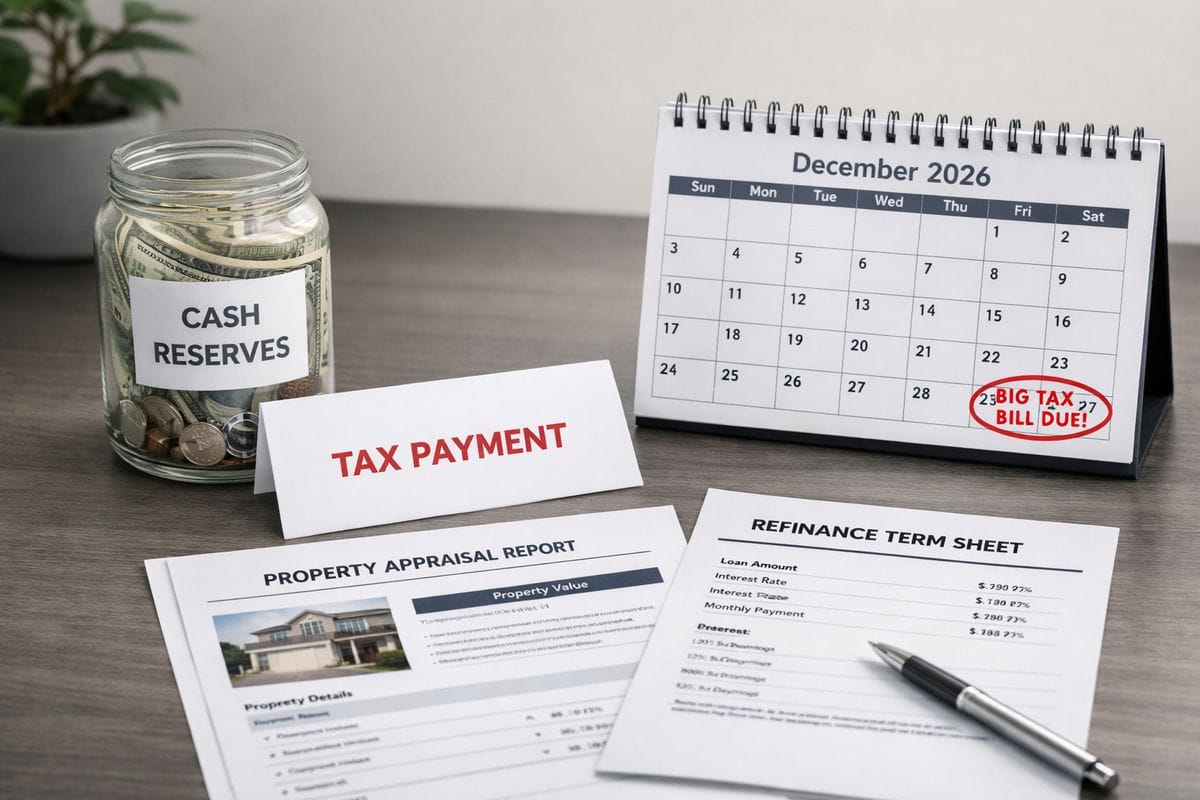 A desk scene with a jar of cash reserves, a tax payment envelope, a property appraisal report, and a refinance term sheet spread out next to a calendar marked late 2026, showing funding planning for a looming tax bill without forcing a sale