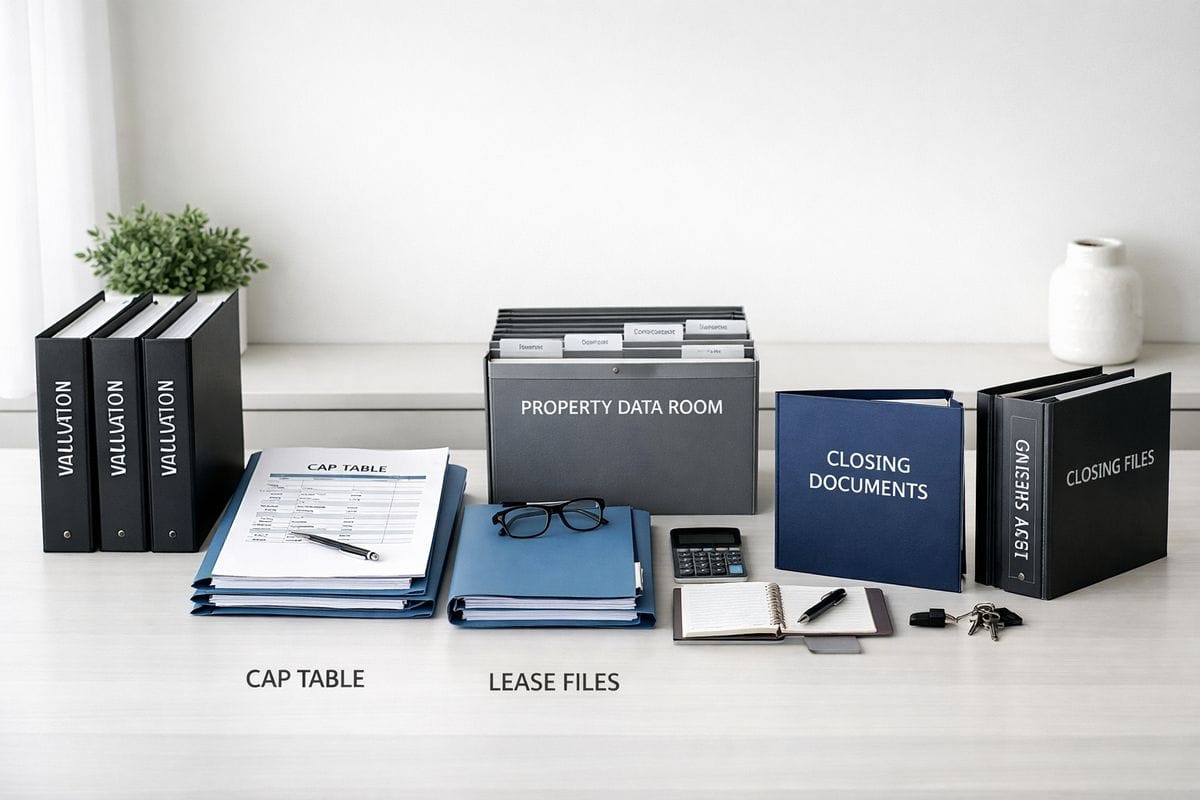 An organized transaction workspace with valuation binders, a printed cap table stack, lease files, a property data room organizer, and closing folders laid out in sequence to show a multi-phase exit preparation process