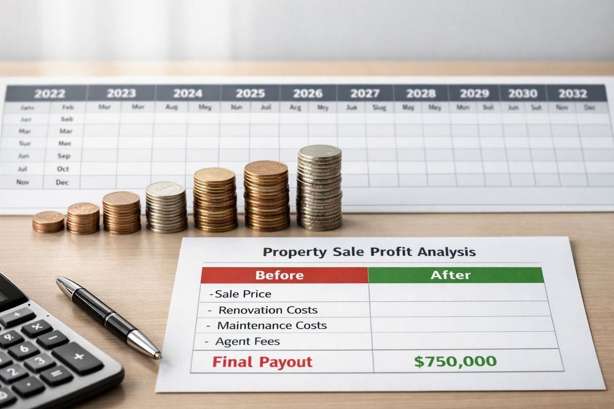 A long-term real estate project budget spread across a desk with stacked coins, a calendar stretching over many years, and a simple before-and-after profit sheet showing costs reducing the final payout from a property sale