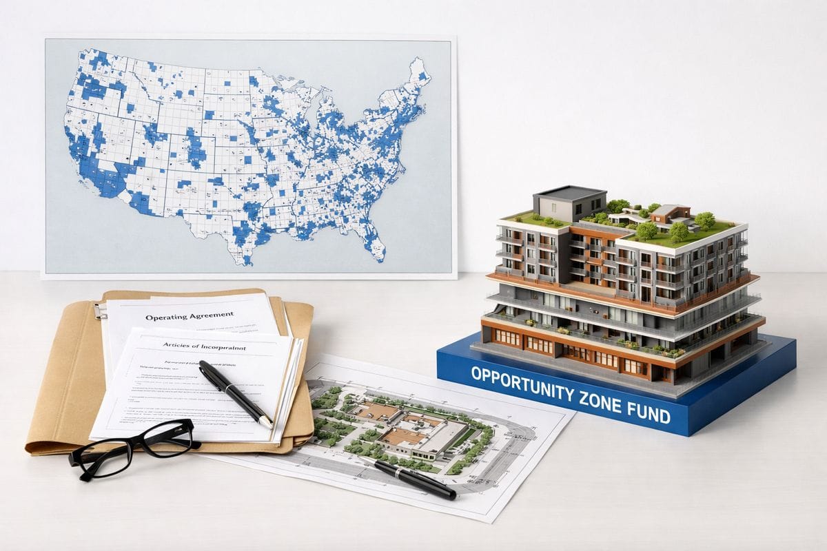 A map of the United States with census tracts highlighted, alongside a folder of legal entity documents, a property site plan, and a model of a mixed-use development showing the layered structure of an opportunity zone fund